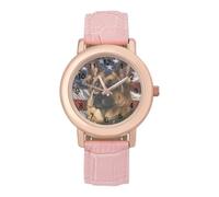American Flag German Shepherd Women's PU Leather Strap Watch Analog Quartz Watch Casual Wristwatch for Home Work