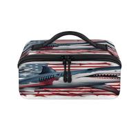 American Flag Great White Shark Travel Makeup Bag Portable Waterproof Pouch Open Flat Toiletry Bags Toiletries Cosmetics Traveling Organizer for Women Men