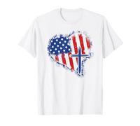 American Flag Heart Christian Cross Religious 4th of July T-Shirt
