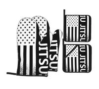American Flag Jiu-Jitsu Oven Mitts and Pot Holders 4 Pcs Set,High Heat Resistant 500 Degree Extra Thicken Long Kitchen Cotton Oven Glove for Cooking