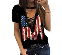 American Flag Lace Up V-Neck T Shirt Women 4th of July USA Stars Stripes Patriotic Tee Tops Summer Casual Graphic Shirt(Large,Black6, Black6, L