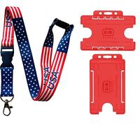 American Flag Lanyard with Safety Breakaway & Detachable Buckle Clip & Red ID Card Holder (with Horizontal Card Holder)