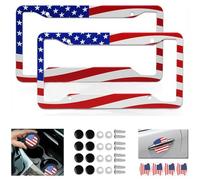 American Flag License Plate Frame(2Pack) with Coasters(2Pcs),4 Hole Aluminum Metal Car License Plate Frame and 4 Handlebar Stickers Automotive Universal Number Plate Frame Front/Rear, Screws Caps