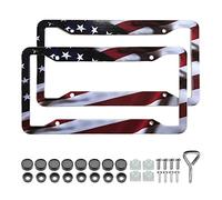 American Flag License Plate Frame Holder - 2 Pack Universal Aluminum Matte Stripe US Flag Gloss Patriotic Car Plate Frame Covers with Free Screws Fasteners Caps