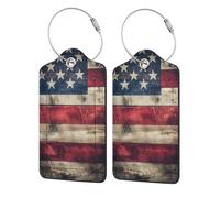 American Flag On Wood Luggage Tag for Suitcase 2 Pack Leather Luggage Tag with Privacy Flap Name Id Label and Metal Loop for Women Men Travel
