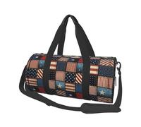 American Flag Patchwork Large Round Travel Duffle Bag, Full-Print Canvas Weekender with Padded Lining, Multiple Pockets,Detachable Shoulder Strap and Soft Leather Handles