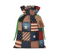 (American Flag Patchwork) Printed Christmas S Size Gift Bags with Green Ribbon Drawstring Candy Bags for Kids Xmas Holiday Christmas Eve Presents