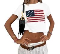 American Flag Patriotic Crop Tops for Women 4th of July Shirt USA Stars Stripes Graphic Casual Crop Tee Shirt (White, S)