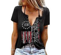 American Flag Patriotic T Shirt for Women 4th of July Short Sleeve Loose Tees Tops USA Flag Graphic Casual Shirts, Black, L