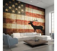 American Flag Photo Wallpaper for Bedroom, USA Flag Deer Wall Mural for Living Room, Black Red White Wallpaper 350x256 Nonwoven Wall Paper Home Decor W&67