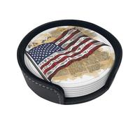 American Flag Printed Round Leather Coasters (Set of 6) - Premium Leather Drink Coasters for Home, Office & Dining Table Use