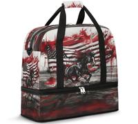 American Flag Running Horse Travel Duffle Bag for Women Men Weekend Overnight Bags Foldable Wet Seperated 47 L Tote Bag for Sports Gym Yoga
