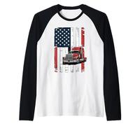 American Flag Semi Truck 18 Wheeler Trucker Patriotic Raglan Baseball Tee