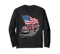 American Flag Semi Truck Design 18 Wheeler Trucker Pride Long Sleeve T-Shirt