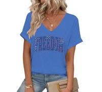 American Flag Shirt Women | V Neck Flag Freedom,Short Sleeve Casual T Shirt Summer Clothes Tops | for L Blue