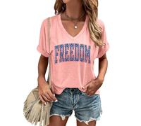 American Flag Shirt Women | V Neck Flag Freedom,Short Sleeve Casual T Shirt Summer Clothes Tops | for Travel Light Pink 3XL