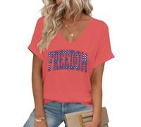 American Flag Shirt Women | V Neck Flag Freedom,Short Sleeve Casual T Shirt Summer Clothes Tops | for Travel Red XL
