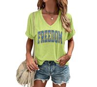 American Flag Shirt Women | V Neck Flag Freedom,Short Sleeve Casual T Shirt Summer Clothes Tops | for Travel Green L