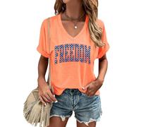 American Flag Shirt Women | V Neck Flag Freedom,Short Sleeve Casual T Shirt Summer Clothes Tops | for Travel Orange 4XL