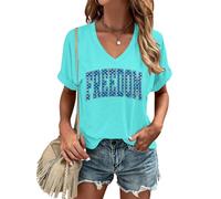 American Flag Shirt Women | V Neck Flag Freedom,Short Sleeve Casual T Shirt Summer Clothes Tops | for Travel Cyan Blue S