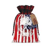 American Flag Skull Printing Color Matching Plaid Christmas Bag With Drawstring,4.7x6.9 In For Christmas Halloween