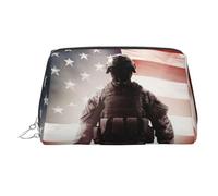 American Flag Soldier Makeup Bag for Women Cosmetic Bags Leather Travel Makeup Case Organizer Waterproof Make up Pouch Open Flat Toiletry Bag Portable Storage Pouch for Travelling, Silver, One Size
