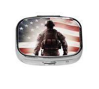American Flag Soldier Print Pill Box Square Pill Case 2 Compartment Small Metal Medicine Organizer Portable Travel Pillbox for Pocket Purse Cute Mini Pill Container to Hold Daily Vitamins