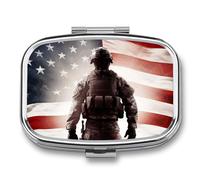 American Flag Soldier Travel Pill Organizer - Daily Pill Box to Hold Vitamins, Portable Pill Case Cod Liver Oil Storage Box with 2 Compartment for Pocket Purse