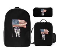 American Flag Space Astronaut 3 Pieces Set Laptop Backpack Travel Daypack with Lunch Box Pencil Case for Men Women