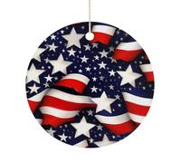 American Flag Stars Stripes Double-Sided Ceramic Christmas Ornaments - Round Hanging Mini Xmas Tree Decorations, Ideas for Farmers, Rustic Home Decor for Indoor Outdoor Tree Decor
