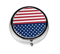 American Flag Stars Stripes This Small, Round Pill Box is a Portable Travel Medicine Organizer with Three compartments for Storing Daily medications.