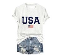 American Flag T Shirt Women USA Star Stripes Fourth July Tee Shirts Casual Short Sleeve America Flag Print V Neck Tee Tops Plus Size(White,M)