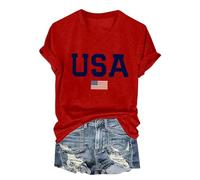American Flag T Shirt Women USA Star Stripes Fourth July Tee Shirts Casual Short Sleeve America Flag Print V Neck Tee Tops Plus Size(Red,L)