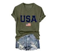 American Flag T Shirt Women USA Star Stripes Fourth July Tee Shirts Casual Short Sleeve America Flag Print V Neck Tee Tops Plus Size(Mint Green,XXL)