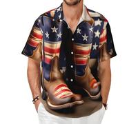 American Flag with Cowboy Boots Mens Shirts Casual Short Sleeve Button Down Summer Hawaiian Shirts Beach Summer Tops, Black, 6XL