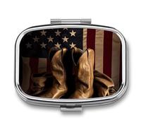 American Flag with Cowboy Boots Pill Box 2 Compartment Portable Pill Case Daily Square Pill Organizer for Pocket Purse Daily Medicine Container to Hold Vitamins Fish Oil Travel Gifts