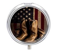 American Flag with Cowboy Boots Pill Box Medicine Pill Organizer 3 Compartment Daily Pill Case Small Pill Container Round Pill Holder Travel Pill Box Metal Pill Case for Purse Pocket