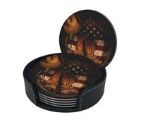 American Flag With Cowboy Boots Print Chic Round Leather Coasters – Set Of 6 Full-Print Coasters In A Premium Pu Leather Storage Box