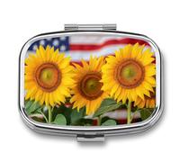 American Flag with Sunflowers Pill Box 2 Compartment Portable Medicine Pill Case Travel Pill Organizer for Pocket Purse