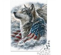 American Flag Wolf Art Print 1000-Piece Puzzle for Adults, 52x38cm/1000pcs, to Complete Gradually over A Weekend; White Cardboard with Reduced Dust