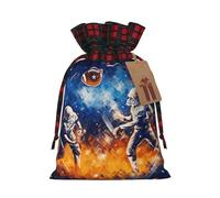 American Football Galaxy Space Play Christmas Drawstring Linen Gift Bag Paired With Scottish Plaid Fabric, With A Delicate And Simple Texture