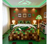 American Football Kids Duvet Cover Set Single Size,Pixelated Geometric Grid Bedding Set for Boys Girls Room Decor,Gamepad Video Games Quilt Covers,Brown Green Comforter Cover,1 Pillowcase,No Filler