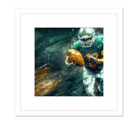 American Football Player Attack Run Sport Gold Orange Green Oil Painting Square Wooden Framed Wall Art Print Picture 8X8 Inch Artery8 White One Size