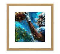 American Football Sport Quarterback Snap Ready to Pass Grid Iron Splatter Oil Painting Square Wooden Framed Wall Art Print Picture 8X8 Inch Artery8 Light Oak One Size