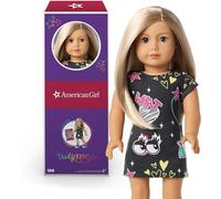 American Girl Truly Me 18-Inch Doll 100 with Dark-Blue Eyes, Layered Straight Blonde Hair, Light-to-Medium Skin with Warm Undertones, Black Printed T-Shirt Dress