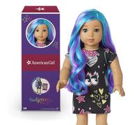 American Girl Truly Me 18-Inch Doll 119 with Light-Blue Eyes, Wavy Blue-and-Purple Hair, Light-to-Medium Skin with Warm Undertones, Black Printed T-Shirt Dress