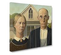 American Gothic by Grant Wood Classic Painting Canvas Wall Art Print Ready to Hang, Framed Picture for Living Room Bedroom Home Office Décor, 20x20 Inch (50x50 cm)