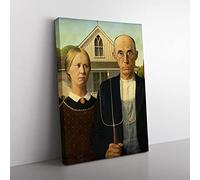 American Gothic By Grant Wood Classic Painting Canvas Wall Art Print Ready to Hang, Framed Picture for Living Room Bedroom Home Office Décor, 76x50 cm (30x20 Inch)