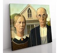 American Gothic by Grant Wood Classic Painting Canvas Wall Art Print Ready to Hang, Framed Picture for Living Room Bedroom Home Office Décor, 35x35 cm (14x14 Inch)