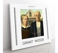 American Gothic By Grant Wood Exhibition Museum Classic Painting Canvas Wall Art Print Ready to Hang, Framed Picture for Living Room Bedroom Home Office Décor, 35x35 cm (14x14 Inch)